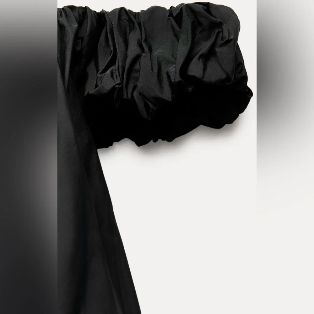 NWT ZARA Off Shoulder TAFFETA Black Mini Dress Balloon Dress Small With Lining - Picture 7 of 11